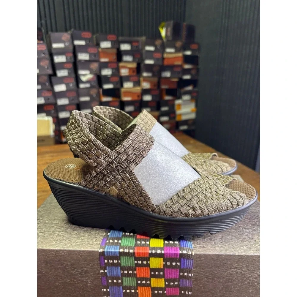 Bernie Mev Fame Bronze Metallic Woven Wedge Sandals Size 38 US 7.5-8